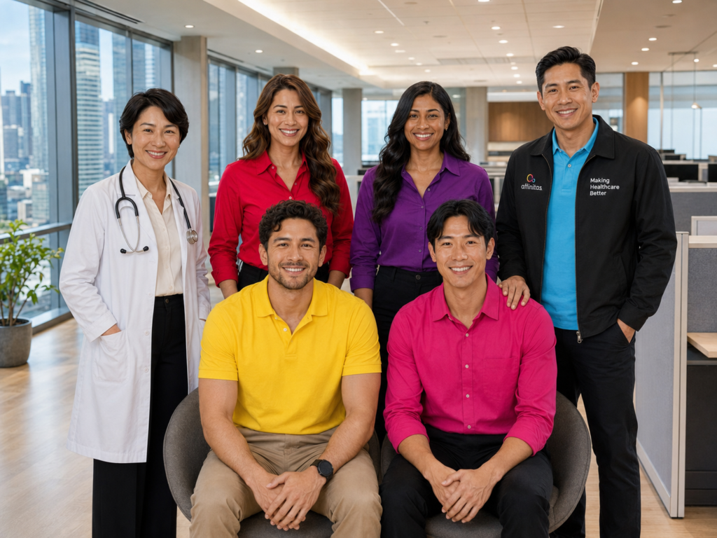 Affinitas Insurance Brokers team with a doctor in their Makati office Caption: Licensed, experienced, and independent since 2002, the Affinitas Insurance Brokers team stands behind every program.