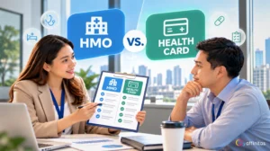 Filipina benefits advisor presenting an HMO and health card comparison chart to a male employee during a workplace consultation.
