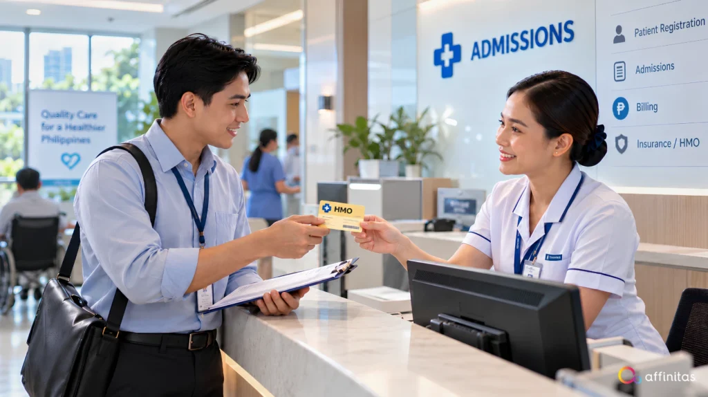 Filipino male employee presenting his HMO card to a female hospital admissions staff member while holding medical documents at the reception counter.