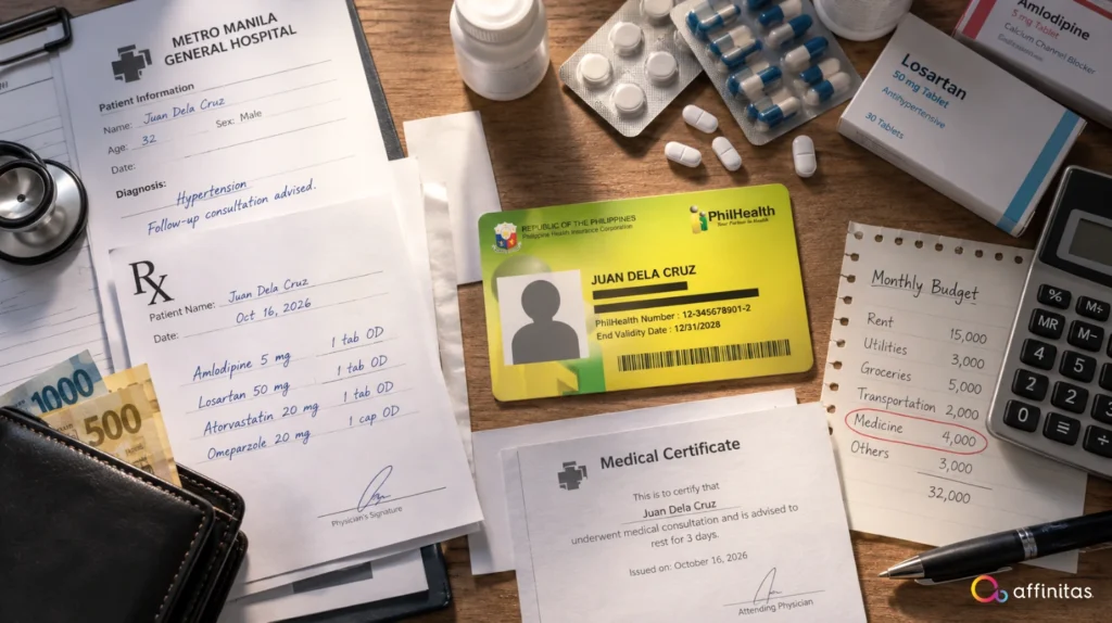 Overhead view of a PhilHealth card, prescription medicines, medical certificates, Philippine peso bills, and a monthly budget worksheet showing healthcare expenses.