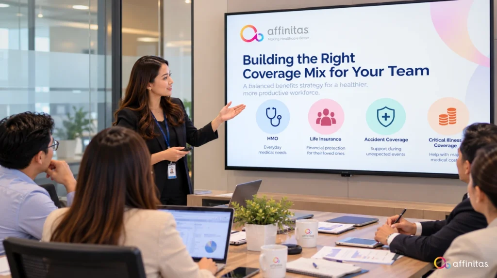 Affinitas representative presenting HMO, life insurance, accident coverage, and critical illness benefits to Filipino HR professionals and executives during a corporate meeting.